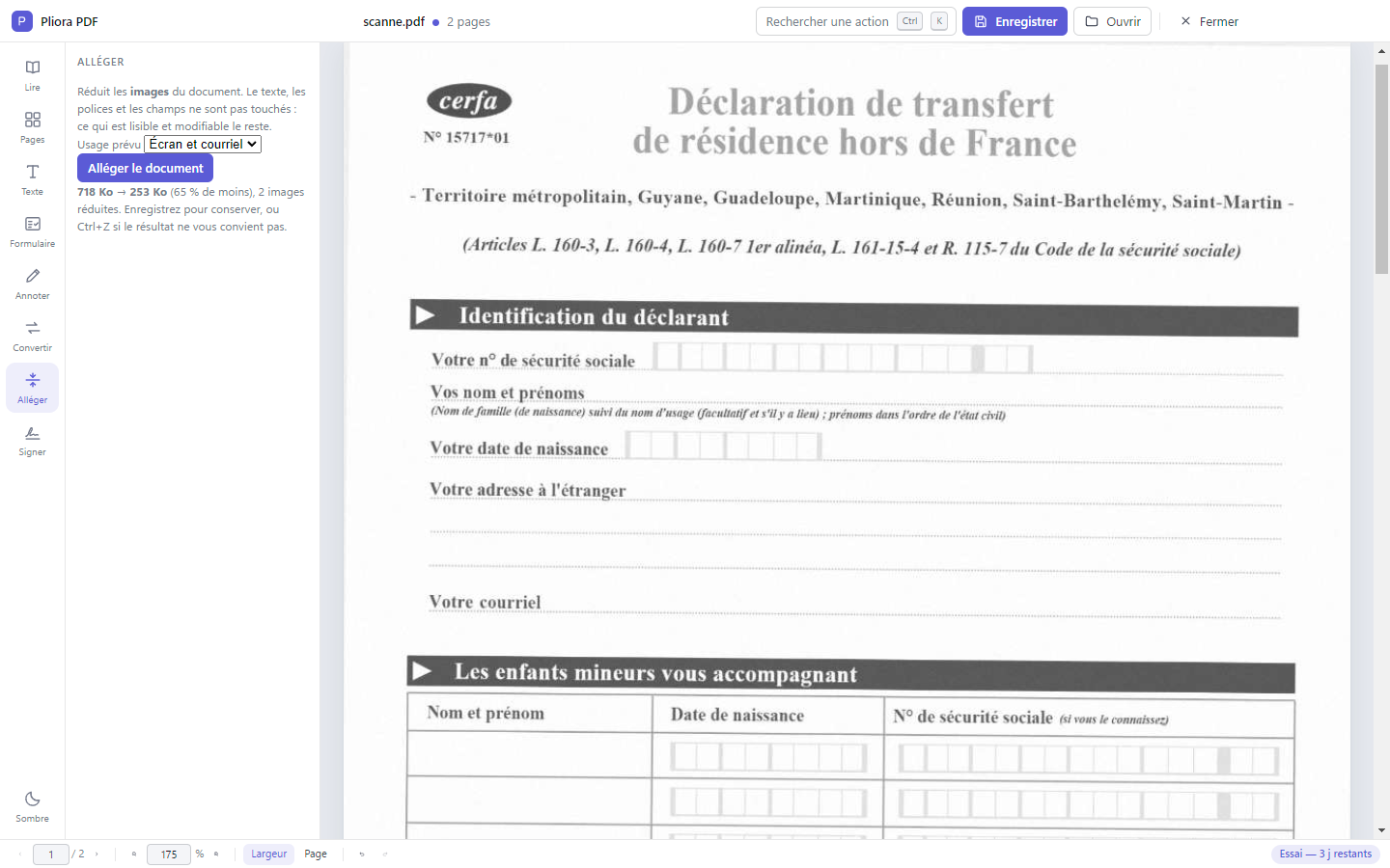 L'outil Alléger après traitement : 718 Ko ramenés à 253 Ko, soit 65 % de moins, deux images réduites.