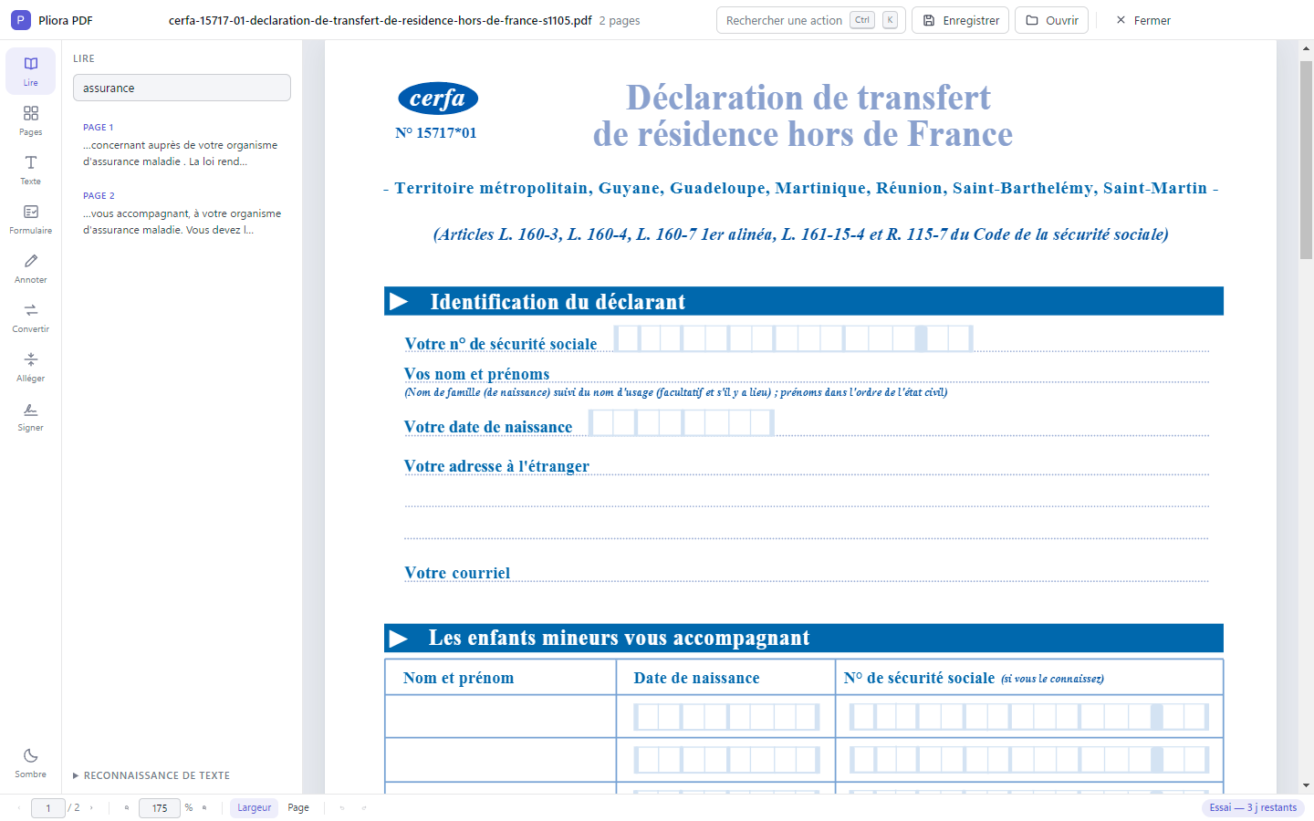La fenêtre de Pliora PDF affichant un CERFA, avec le panneau de recherche plein texte et ses résultats.