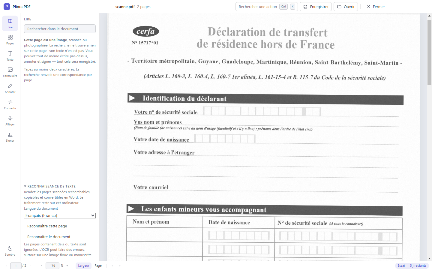 Un document scanné ouvert dans Pliora PDF, avec l'avertissement expliquant que la page est une image et le panneau de reconnaissance de texte.