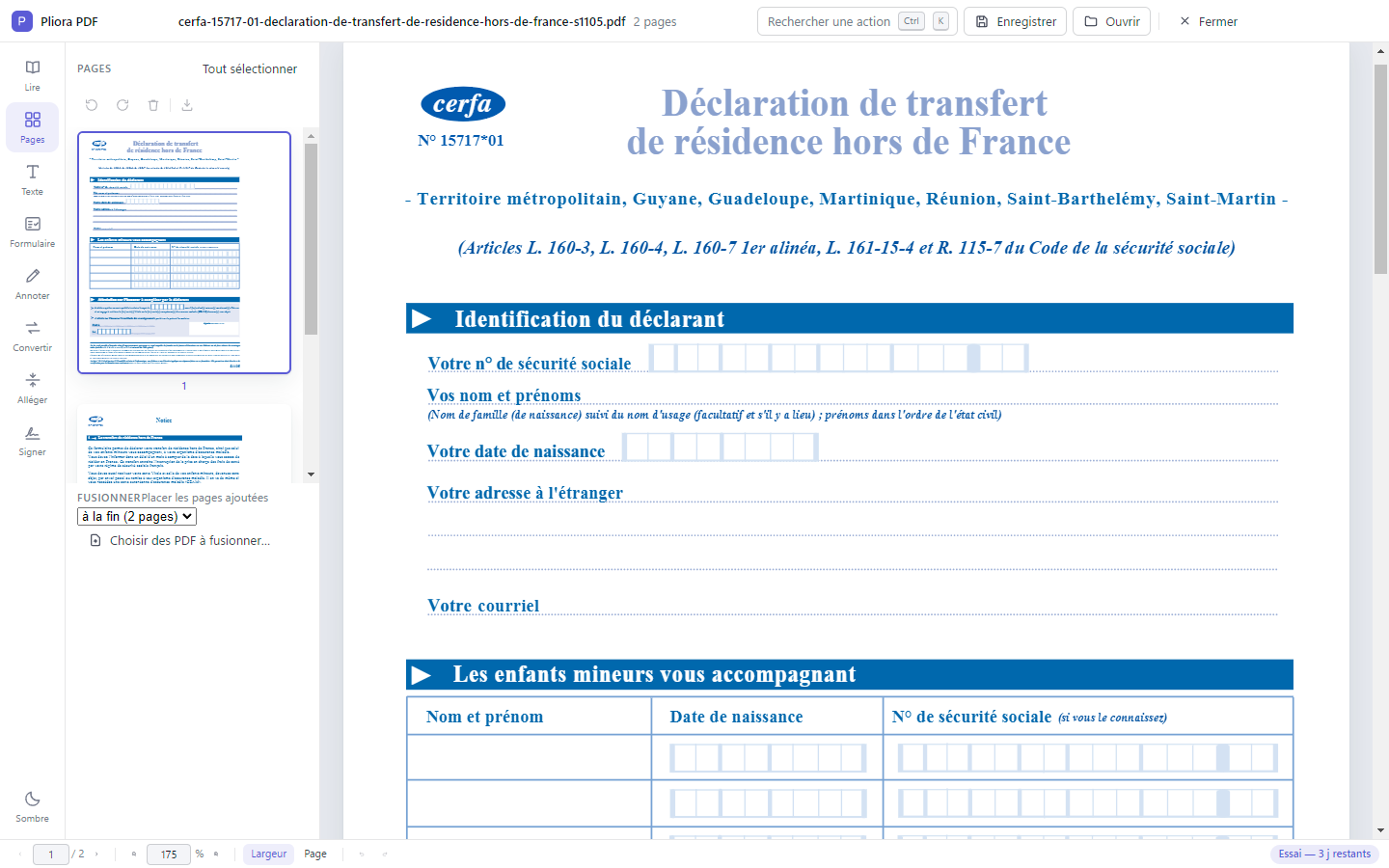 L'outil Pages : les vignettes du document, les actions de rotation et de suppression, et le panneau de fusion.