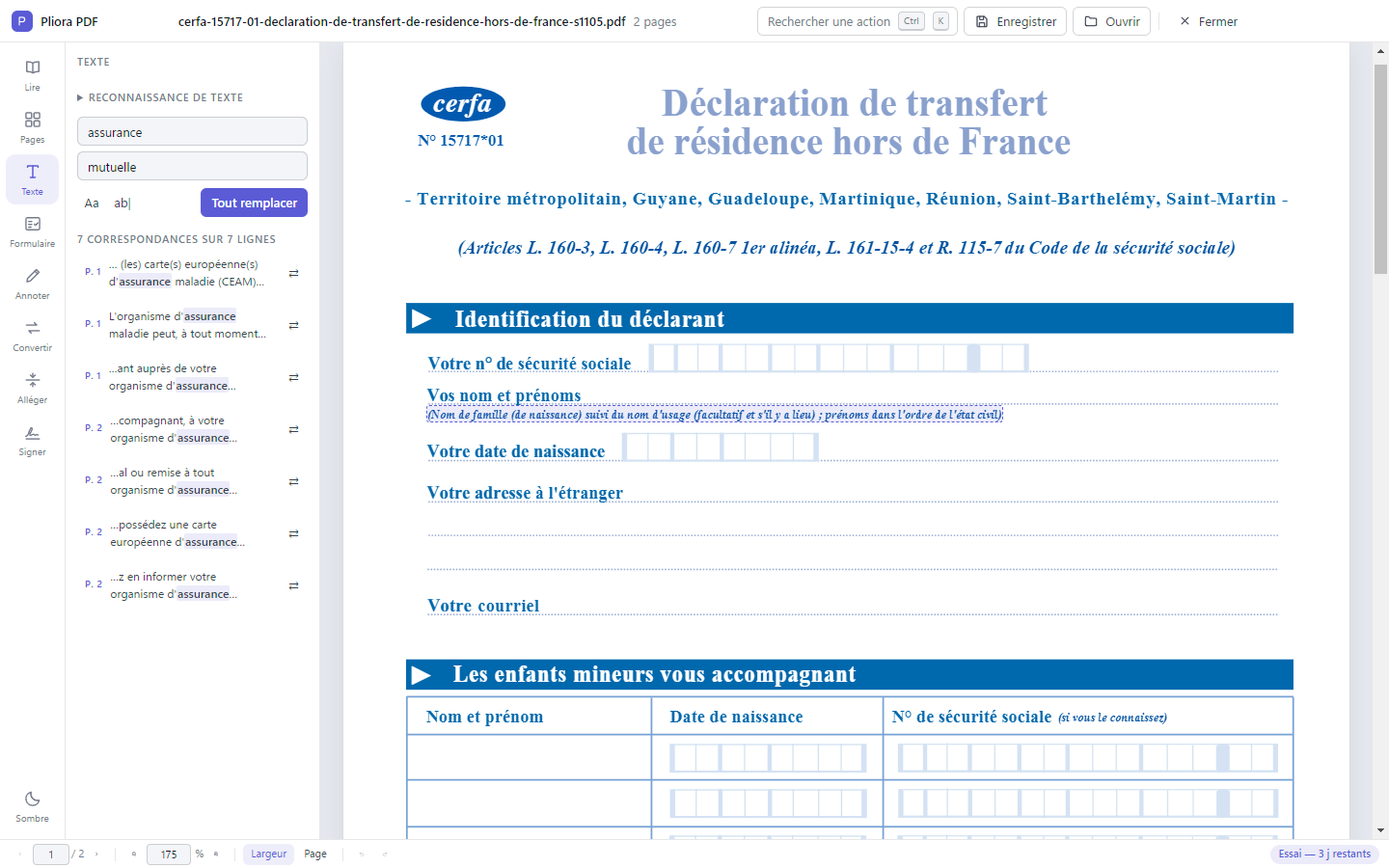 Le panneau Rechercher et remplacer, affichant le nombre d'occurrences trouvées dans le document.