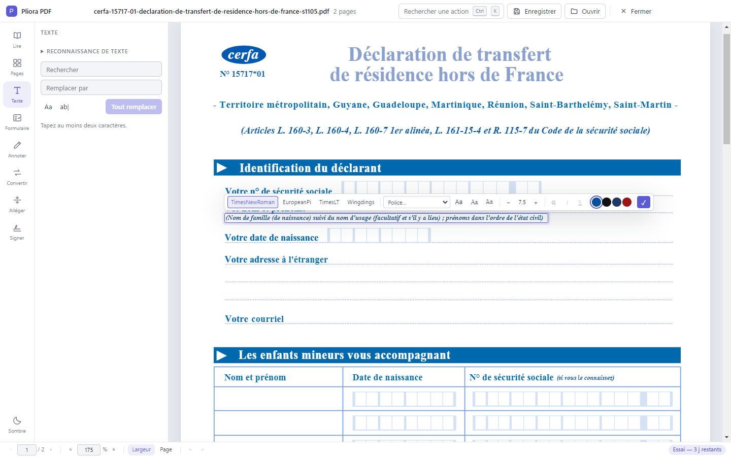 Pliora PDF : le champ d'édition ouvert sur une ligne du CERFA, la barre indiquant la police du document, Times New Roman, 7,5 points.